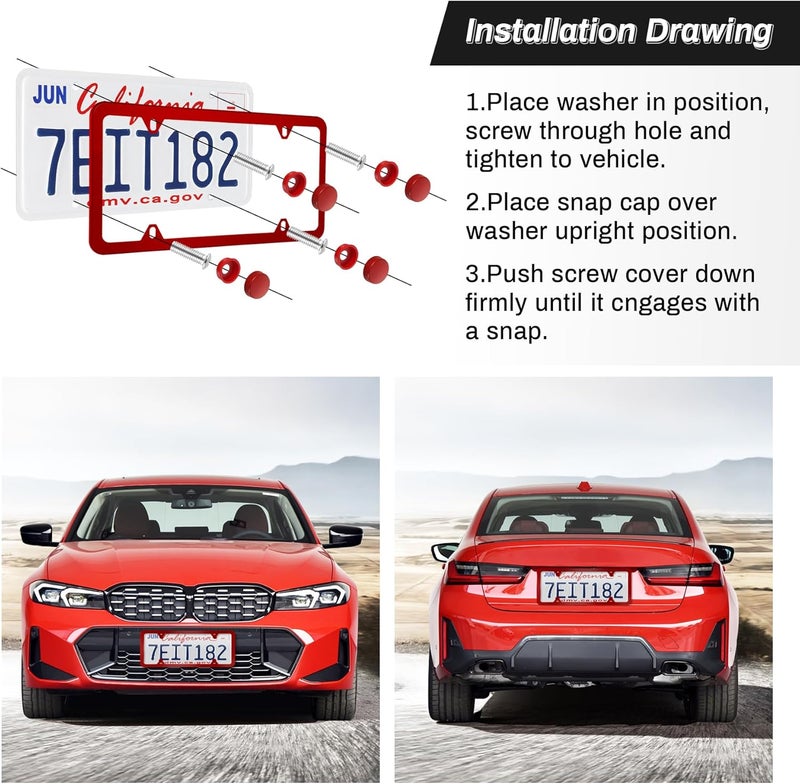 alpmosn 2PCS Stainless Steel License Plate Frames, 4 Holes Car Licence Plate Covers with Screws Washers and Caps, Car Exterior Accessories, License Plate Holder for US Vehicles (Red) - Image 3